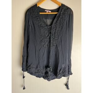 Calypso St. Barth Black Silk Tassel Embroidered Sheer Tunic Blouse Goth S